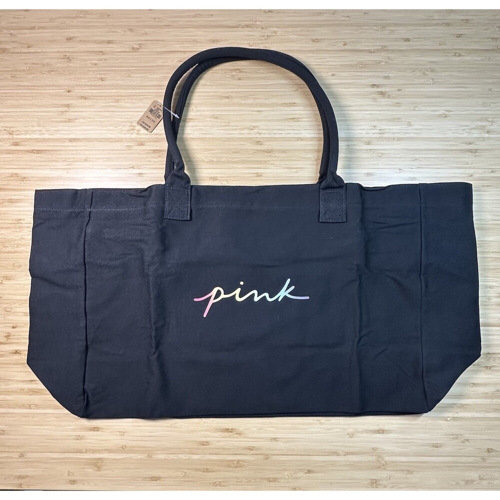 NWT Victoria's Secret PINK Black Canvas Tote Travel Bag Rainbow Lettering Vacay